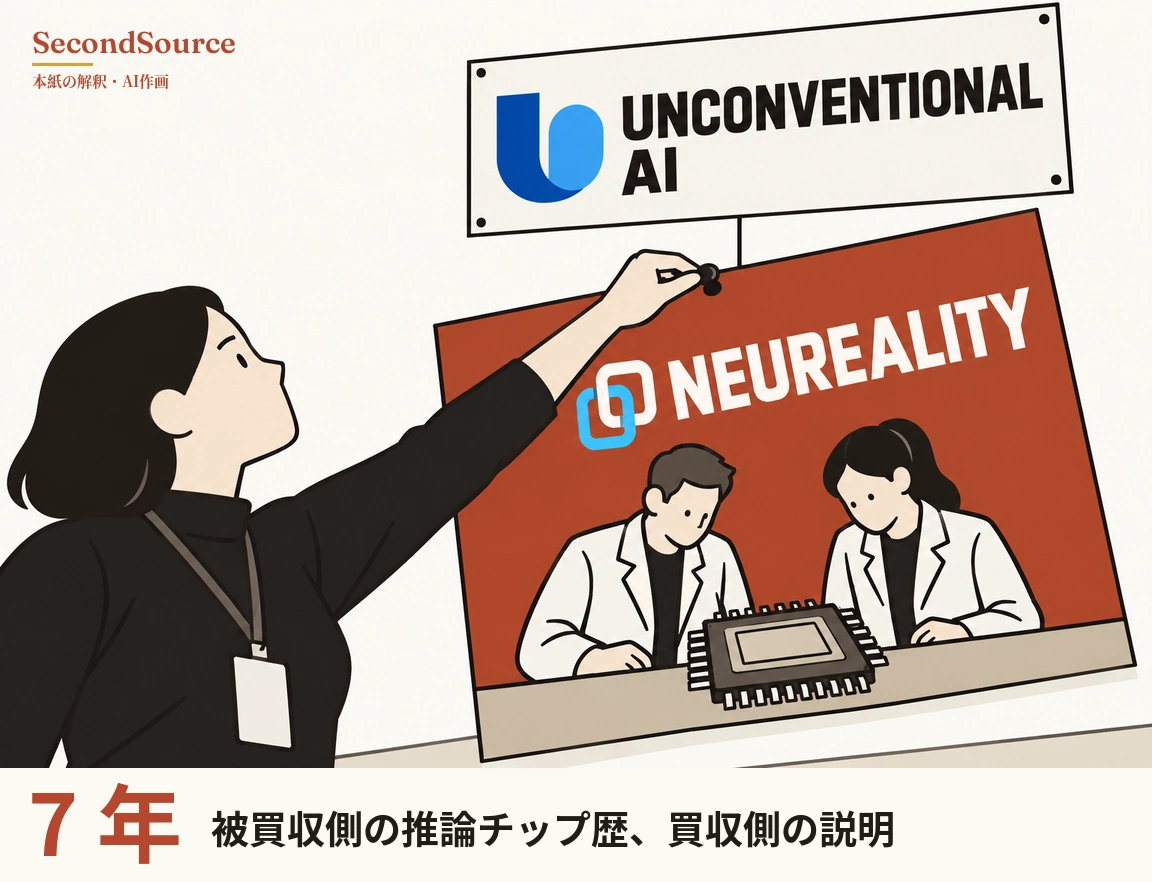 コンセプトイラスト：上部の白い看板には青いU字形のマークと「UNCONVENTIONAL AI」の文字があり、そこから細い線が下の傾いた赤いパネルにつながっている。パネルには「NEUREALITY」の文字と二つの四角が連なった青いマークがあり、白衣の二人がカウンターでピンの付いた大きな四角いチップを見下ろしている。左側では黒い服を着て名札を下げた女性が手を上に伸ばし、パネル上端の黒い丸頭のピンをつまんでいる。
