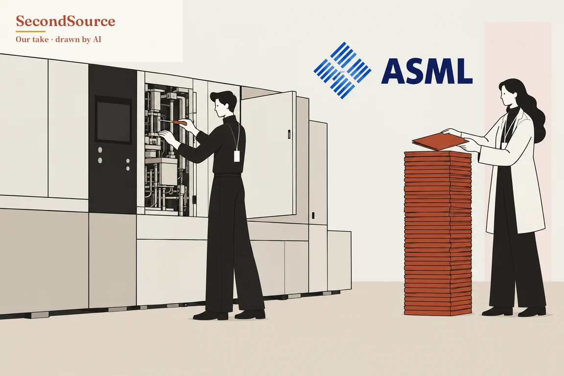 Concept illustration: on the left, a large pale-grey machine with a dark panel holding a screen and buttons has an open door showing pipes and parts inside, and a person in black wearing a lanyard badge works inside it with a screwdriver. At upper right is blue lettering reading "ASML" beside a blue diagonal-striped mark, and on the right a person in a long white coat places a flat red-brown folder-like item onto a chest-high stack of similar red-brown flat items.