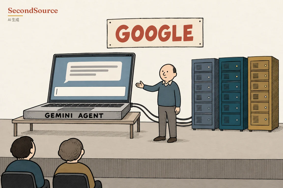 概念插圖:舞台上方掛著寫有 GOOGLE 字樣的招牌。左側矮桌上放著一台超大筆電,底座印有 GEMINI AGENT,螢幕上有一個帶灰色線條的對話框和一個有游標的輸入框;數條線纜從筆電側面沿地面延伸到右側三座像伺服器機櫃的高櫃,兩座藍色、一座芥末黃。一名頭頂微禿、穿藍色毛衣的男子站在中間,一手伸向筆電,前景有兩人背對畫面坐在椅子上。