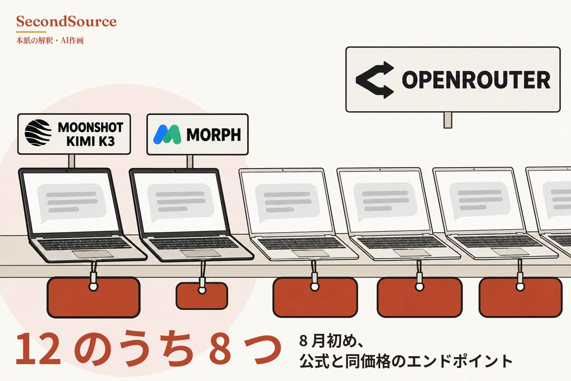 コンセプトイラスト：長い台の上に開いたノートパソコンが一列に並び、各画面には灰色の吹き出しと数本の灰色の線が表示され、各パソコンの下には紐で無地の赤い札が吊り下げられていて、2枚目の札だけがほかより小さく、列は画面の右端の外へ続いている。左端の2台は太い線で描かれ、背後に淡いピンクの円があり、支柱付きの看板にそれぞれ「MOONSHOT KIMI K3」（黒い円形の図柄付き）と「MORPH」（青緑色のM字形の図柄付き）と書かれ、右上にはより大きな看板に「OPENROUTER」の文字と黒い分岐矢印の記号が描かれている。
