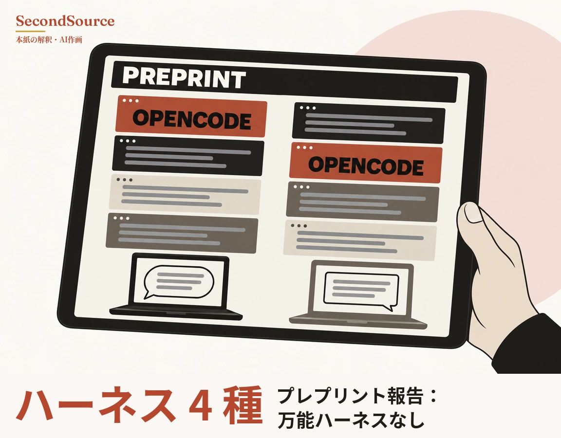 コンセプトイラスト：右側の手がタブレットを持ち、画面上部には「PREPRINT」と書かれた黒い帯があり、その下に三つの小さな点と灰色の線が入ったウィンドウ型カードが4枚ずつ縦に重なった列が左右に並んでいる。左列は上から「OPENCODE」と書かれた赤いカード、黒、ベージュ、灰褐色のカード、右列は黒、「OPENCODE」と書かれた赤いカード、灰褐色、ベージュのカードの順で、各列の下にはノートパソコン（左は黒、右は灰色）があり、それぞれの画面に灰色の線が入った吹き出しが表示され、背景の右上には淡いピンクの円がある。