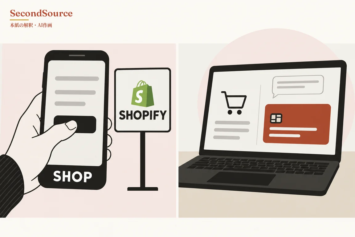 左右2コマのコンセプトイラスト。左では、縞模様の袖の手が下部に「SHOP」と書かれたスマートフォンを持ち、画面の灰色の線の下にある濃い色のボタンを親指で押しており、その隣には緑の買い物袋のアイコンと「SHOPIFY」の文字がある支柱付きの看板が立っている。右では、淡いピンクの円を背にした机の上のノートパソコンの画面に、左側にショッピングカートのアイコンと灰色の線、右側に灰色の線入りの吹き出しと、その下にチップと白い線のある赤いカードが表示されている。