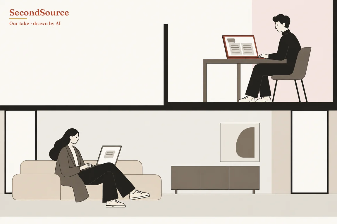 Concept illustration of a two-storey building shown in cross-section: on the upper floor at right, a short-haired person in black sits on a chair at a desk typing on a reddish-brown-framed laptop whose screen shows a speech bubble and two columns of lines, in front of a pale pink wall. On the floor below, a long-haired person in a brown jacket sits with legs crossed on a beige sofa at left using a laptop whose screen shows a speech bubble, while to the right a low brown cabinet stands beneath a framed picture of a grey half-round shape.