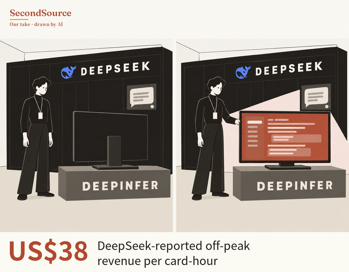 Concept illustration in two side-by-side panels: on the left, a person in black with a lanyard badge stands beside a dark monitor turned with its back to the viewer, set on a grey block lettered DEEPINFER, in front of a black wall lettered DEEPSEEK with a blue whale-shaped emblem and a small panel showing a speech-bubble icon. On the right, the same scene with the monitor facing out, its red-orange screen showing rows of pale bars, the person's hand resting on its edge and a pale pink beam of light fanning out behind it.