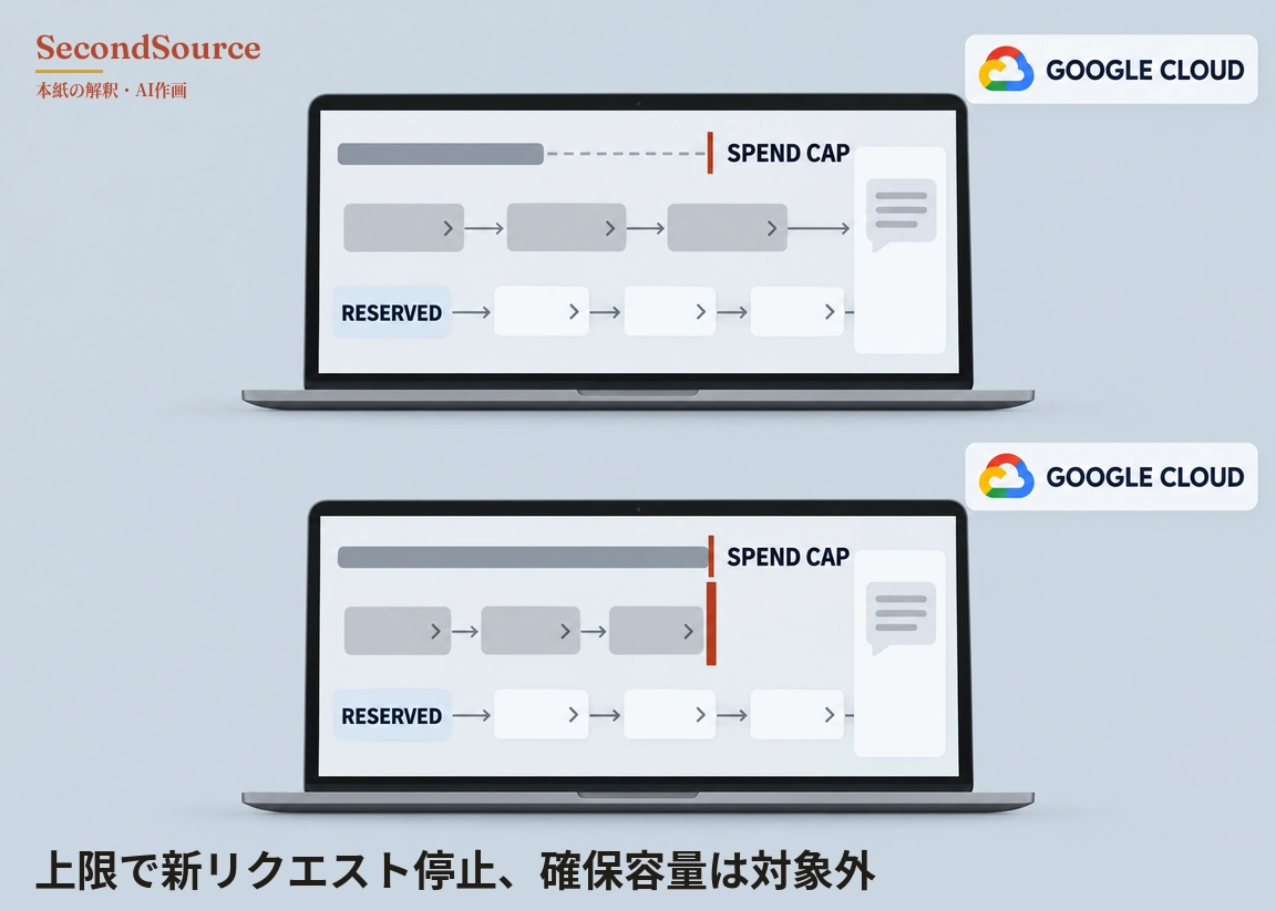 コンセプトイラスト：同じ画面構成のノートパソコン2台が上下に並び、それぞれの右上には GOOGLE CLOUD と書かれ四色の雲のアイコンが付いた札があり、画面の最上部には灰色のバーと SPEND CAP と書かれた赤い縦線、最下段には RESERVED と書かれた淡い青のラベルから右向きの矢印と3つの白い箱を経て、右側の吹き出しアイコンのある白いパネルへ向かう列が描かれている。上のパソコンでは灰色のバーが短く、破線で赤い縦線につながり、中段の灰色の箱3つは右向きの矢印でパネルへ続いているが、下のパソコンでは灰色のバーが赤い縦線に達し、中段の灰色の箱3つは太い赤の縦棒で終わっていて、矢印はパネルに届いていない。