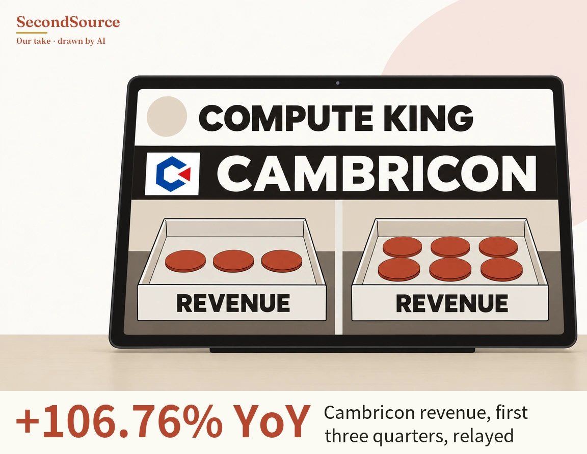 Concept illustration of a tablet standing on a light tabletop. Across the top of its screen are a beige circle and the words "COMPUTE KING", with a black band below holding a blue-and-red square emblem and the white word "CAMBRICON"; the lower half of the screen is split into two panels, each with an open white tray lettered "REVENUE", holding three red-brown discs on the left and six on the right.