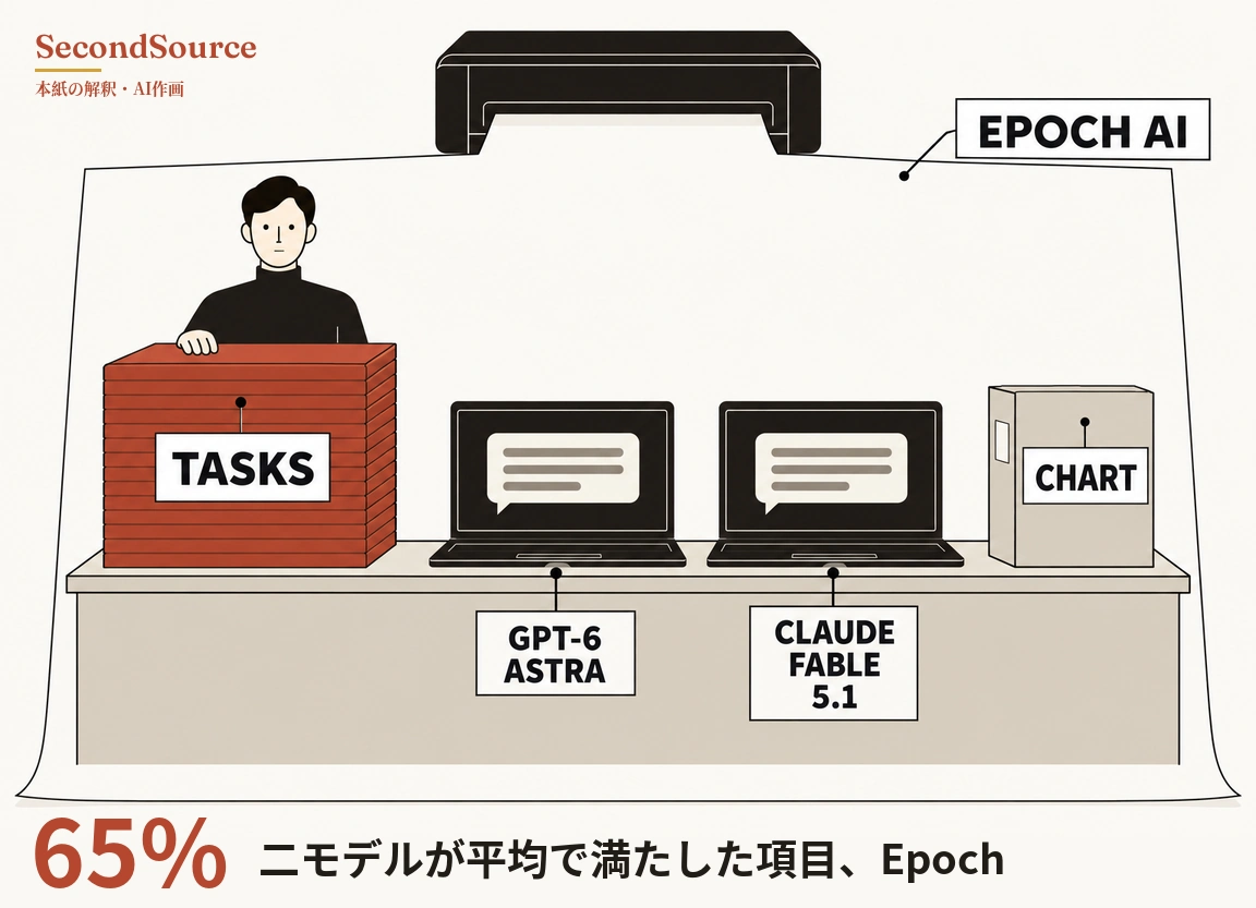 コンセプトイラスト：上部の黒い長方形のブロックから大きな淡色の幕が垂れ下がり、右上には「EPOCH AI」と書かれたラベルが線で幕につながっている。幕の内側では、黒髪で黒いタートルネックの人物が「TASKS」と書かれた赤い板の積み重ねの後ろに立って片手を載せ、細長いベージュのカウンターには暗い画面に灰色の線入りの吹き出しが映る開いたノートパソコン2台が並んで、下に線で「GPT-6 ASTRA」「CLAUDE FABLE 5.1」のラベルが付き、右端には「CHART」と書かれたベージュの箱がある。