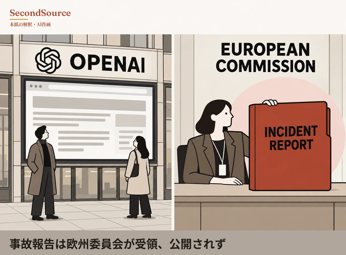 左右2コマのコンセプトイラスト。左は「OPENAI」の文字と結び目のようなマークの看板を掲げた建物で、その下の大型スクリーンに灰色の帯と線だけのブラウザ風の画面が映り、歩道に立つ2人がスクリーンを見上げている。右は壁に「EUROPEAN COMMISSION」の文字があり、その下でネックストラップの名札を下げた人物が机の向こうに座り、「INCIDENT REPORT」と書かれた大きな赤いファイルを立てて支えていて、背後に淡いピンクの円がある。