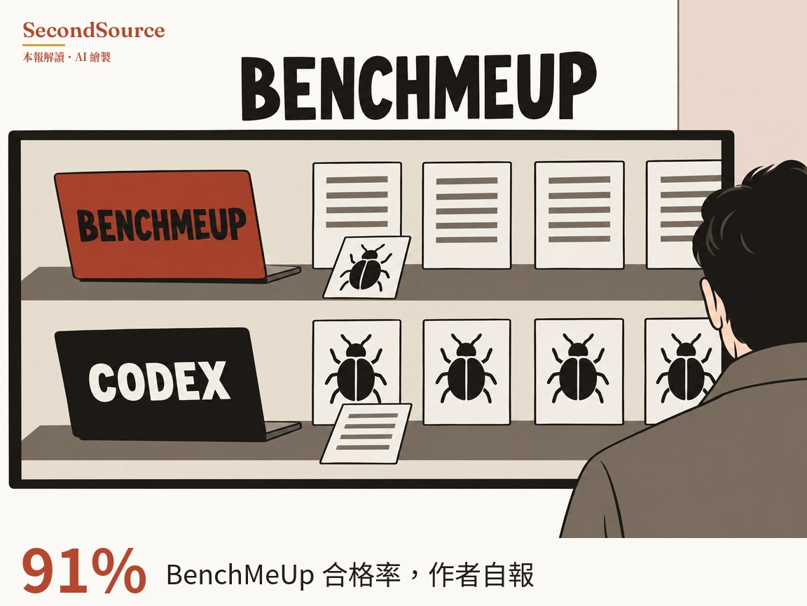 概念插圖:上方是大字「BENCHMEUP」,下方是一個有框的兩層展示架;上層左側是一台標有「BENCHMEUP」字樣的紅色筆電,旁邊立著四張畫有灰色橫線的紙,前方斜靠著一張畫著黑色甲蟲狀昆蟲的卡片;下層左側是一台標有「CODEX」字樣的黑色筆電,旁邊立著四張各畫一隻黑色甲蟲狀昆蟲的卡片,前方斜靠著一張畫有灰色橫線的紙。畫面右側邊緣有一位深色頭髮、穿灰褐色外套的人,背對畫面,面向展示架。