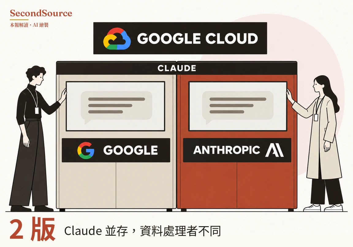 概念插畫：一塊印有 GOOGLE CLOUD 字樣、帶多色雲朵圖示的深色招牌下方，立著一座兩格相連的櫃子。櫃子共用的頂部橫條印有 CLAUDE，左半米色、右半磚紅色，各有一個螢幕，螢幕上是內有灰色線條的對話框；螢幕下方各有一塊深色牌子，左邊印有 GOOGLE 和一個多色圓形圖示，右邊印有 ANTHROPIC 和一個白色稜角標誌，再往下是分格的櫃門。左側一位捲髮、穿黑衣、掛著識別證的人把手搭在左半櫃上，右側一位長髮、穿淺色長外套、掛著識別證的人把手搭在右半櫃上，背景有一個淡粉色圓形。