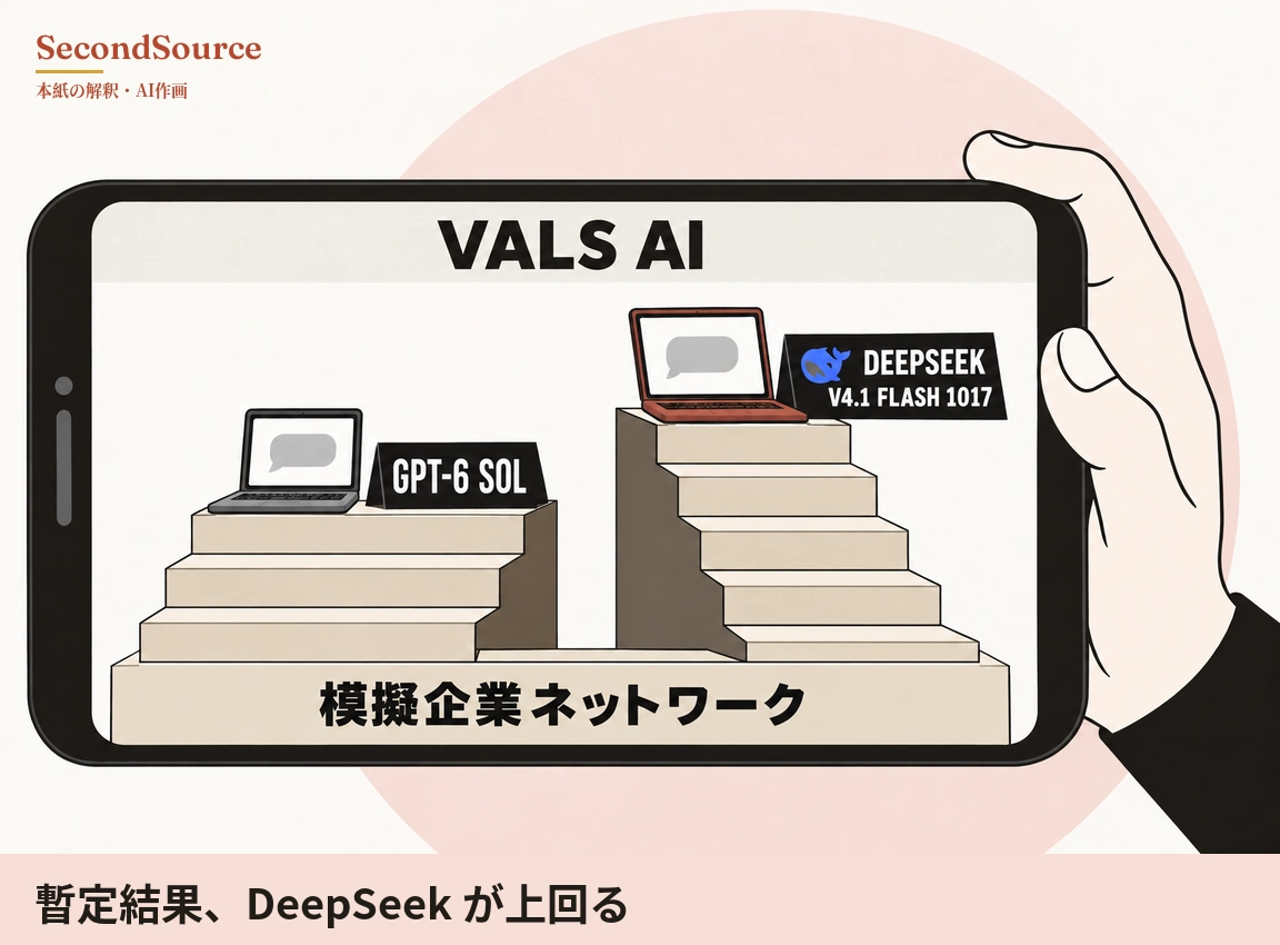 コンセプトイラスト。右側の手が淡いピンクの円の前でスマートフォンを横向きに持ち、画面には上部に「VALS AI」の文字があり、その下の「模擬企業ネットワーク」と書かれた長い台の上に二つの階段が立っている。左の低い階段の上には灰色の吹き出しを映した灰色のノートパソコンと「GPT-6 SOL」と書かれた黒い札があり、右の高い階段の上には灰色の吹き出しを映した赤茶色のノートパソコンと、青いクジラのアイコンが付いた「DEEPSEEK V4.1 FLASH 1017」と書かれた黒い札がある。