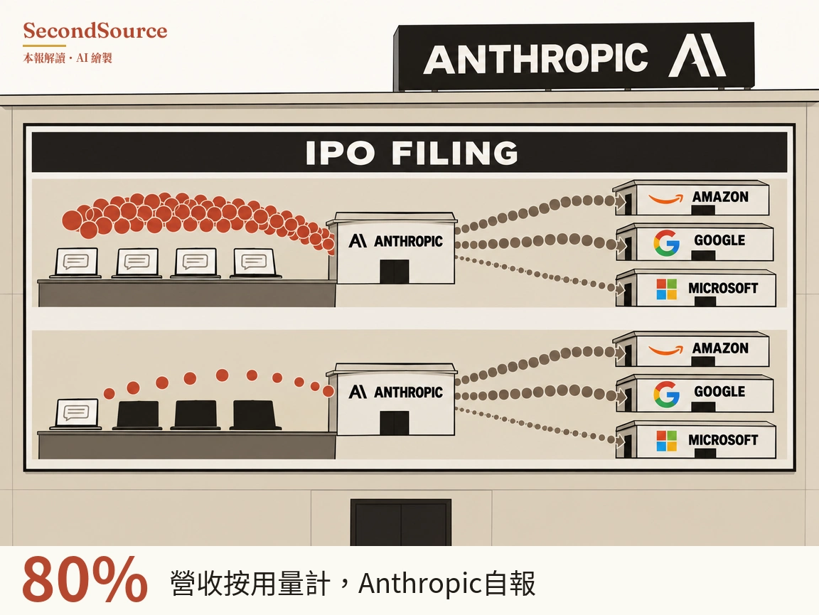 概念插圖：一棟建築頂上有黑底白字「ANTHROPIC」招牌，牆上掛著標題為「IPO FILING」的大看板，分成上下兩排；上排左側檯面上有四台螢幕顯示對話框圖示的筆電，一大串密集的紅色圓點從筆電流向中間一棟標著「ANTHROPIC」的小建築，再由它拉出三條灰色圓點組成的箭頭線，連到右側分別標著「AMAZON」「GOOGLE」「MICROSOFT」的三棟小建築。下排配置相同，但只有一台筆電顯示對話框圖示，另外三台螢幕是黑的，流向「ANTHROPIC」小建築的只有稀疏幾顆紅點，三條灰點箭頭線照樣連到「AMAZON」「GOOGLE」「MICROSOFT」三棟小建築。