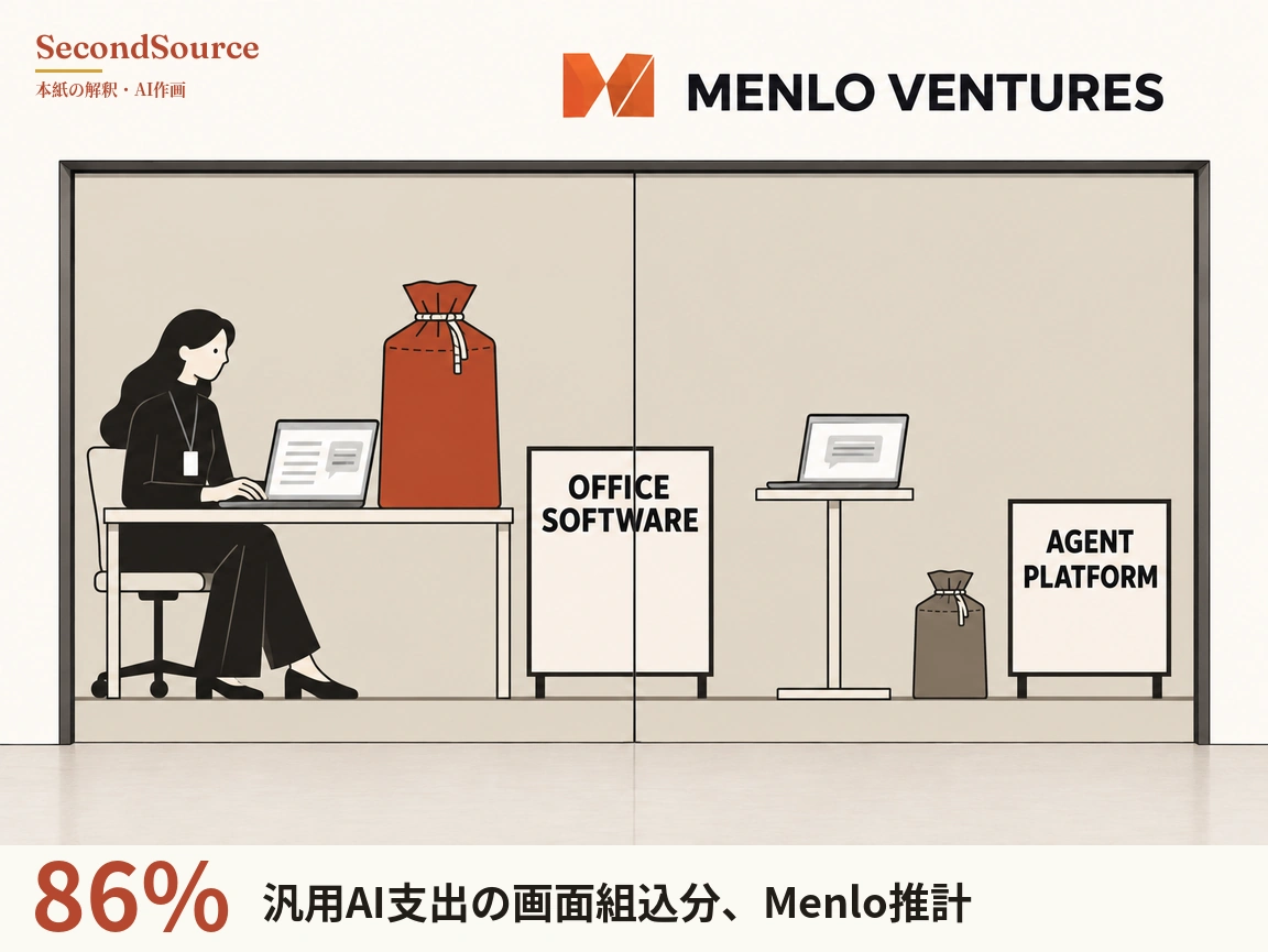 コンセプトイラスト:右上にオレンジ色の幾何学的なマークと「MENLO VENTURES」の文字があり、その下に中央の縦線で左右二つに区切られた大きな枠状の空間がある。左側では長い黒髪で濃い色の服を着て名札を下げた人物が椅子に座り、大きな赤橙色の巾着袋が置かれた机でノートパソコンを打っていて、仕切り線のそばに「OFFICE SOFTWARE」と書かれた看板が立っている。右側では背の高い細いテーブルに吹き出しが表示されたノートパソコンがあり、床には小さな茶色の巾着袋と「AGENT PLATFORM」と書かれた看板がある。