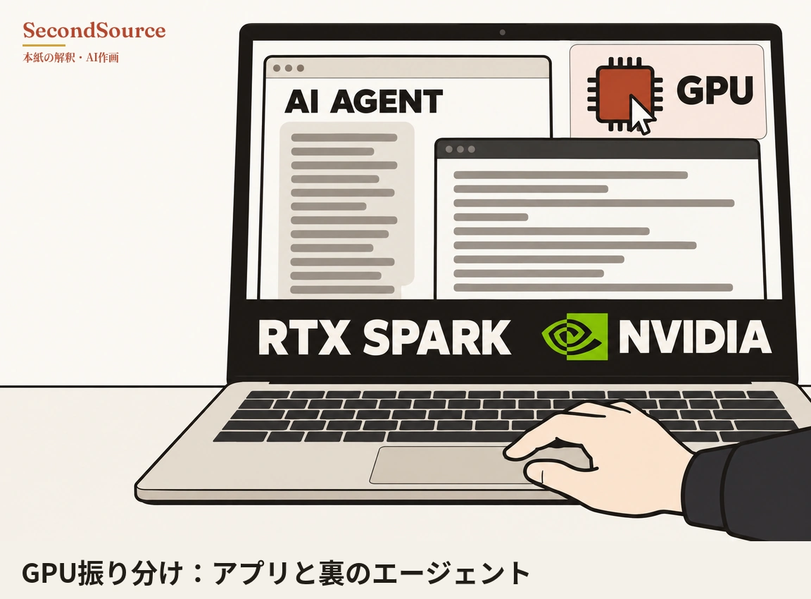 コンセプトイラスト:机の上に開いたノートパソコンがあり、画面では灰色の文字線が並ぶ「AI AGENT」という見出しのウィンドウに、同じく灰色の文字線が並ぶ別のウィンドウが手前から一部重なり、右上のパネルにはマウスポインターが乗った赤いチップのアイコンと「GPU」の文字がある。画面下の黒い帯には「RTX SPARK」と「NVIDIA」の文字とその間の緑の図形があり、濃い色の袖の手が右から伸びてタッチパッドに置かれている。