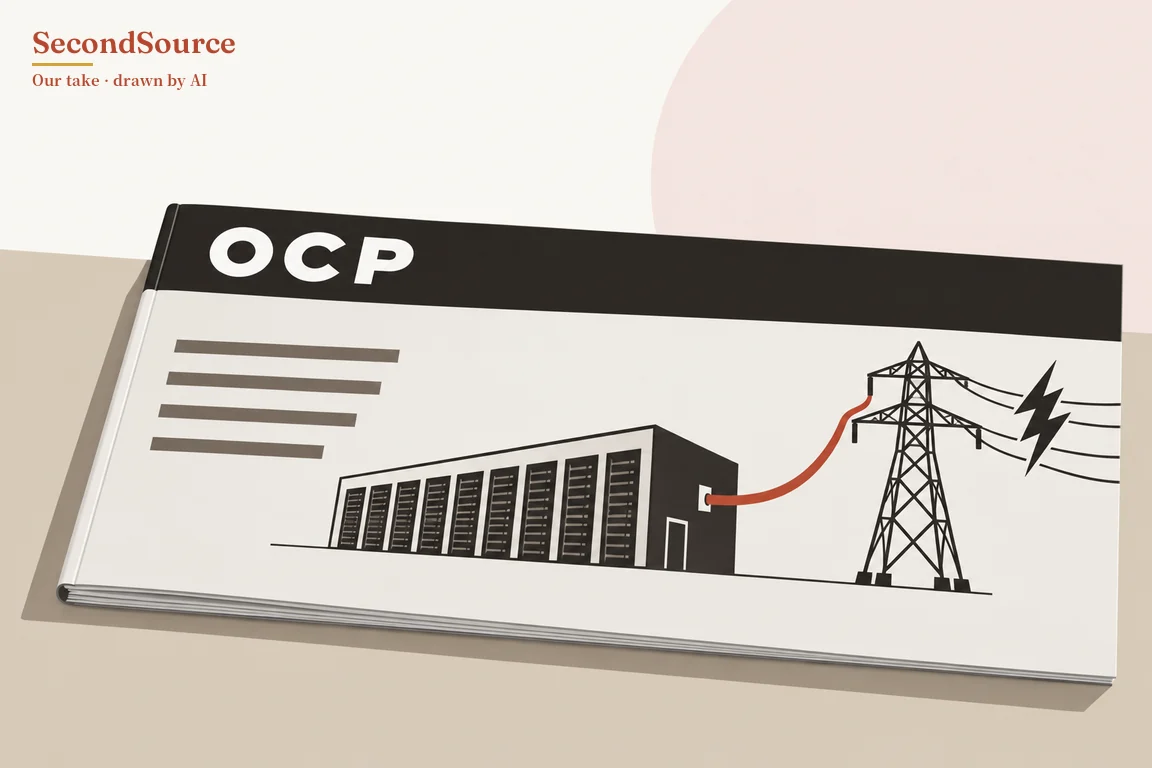 Concept illustration: a bound booklet lies on a beige surface. A black band lettered OCP runs across the top of its cover, with four grey bars below it on the left. On the cover, a red cable runs from the side of a long black-and-white building lined with rack-like panels to a power transmission tower on the right, and a black lightning-bolt symbol sits beside the lines that lead away from the tower.