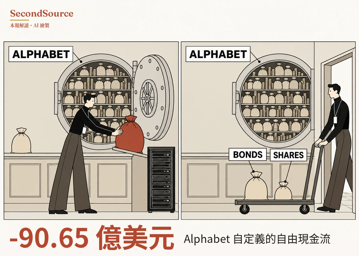 雙格概念插圖:左格是一座標著 ALPHABET 的圓形金庫,庫門敞開,架上擺滿布袋和成疊硬幣;一名穿黑上衣、掛著識別證的人雙手扶著一個大紅布袋,布袋放在一塊斜板上,斜板架在金庫旁一座黑色伺服器機櫃上方,左邊櫃檯上還放著一個米色小布袋。右格是同一座標著 ALPHABET、架上擺滿布袋和硬幣的金庫,一名掛著識別證的人站在右側敞開的門口,握著一台平板推車的把手,車上放著兩個米色布袋,分別標著 BONDS 和 SHARES。