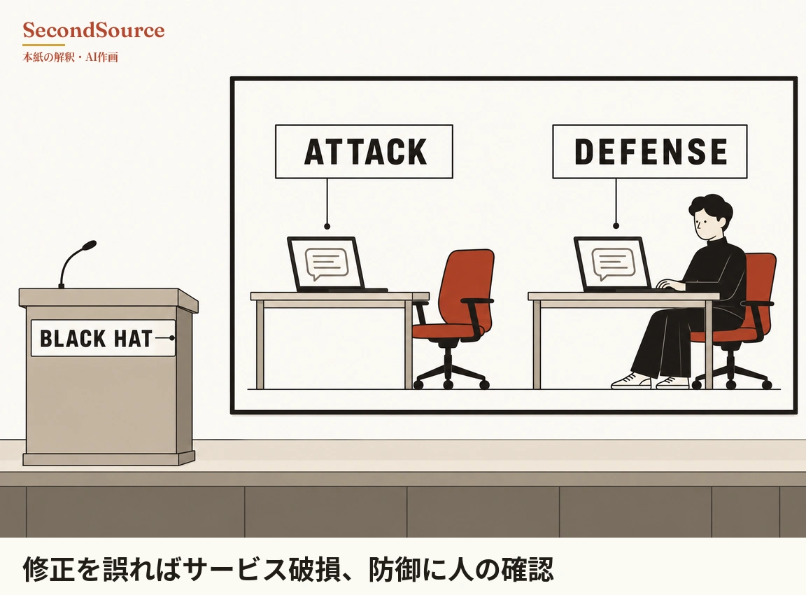 コンセプトイラスト:左側のステージの端に、上部に曲がったマイクが付き、正面の板に BLACK HAT と書かれた演台がある。右側の黒枠の大きなパネルには机が二つ並び、左の机の上では ATTACK と書かれた札から細い線が吹き出しアイコンを表示したノートパソコンにつながり、その横には誰も座っていない赤橙色のオフィスチェアがある。右の机の上では DEFENSE と書かれた札から線が同様のノートパソコンにつながり、黒い服の人物が赤橙色のオフィスチェアに座ってキーボードを打っている。