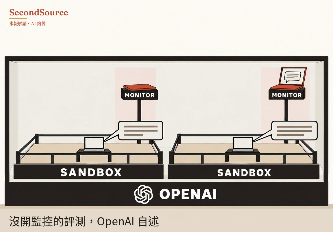 概念插圖：一個黑框長展示櫃，下方底座寫著 OPENAI，旁邊有一個交織結形符號；櫃內並排兩個圍著黑色欄杆、地面呈沙色的平台，前方面板各寫著 SANDBOX。每個平台上都有一台小筆電放在黑色矮桌上，旁邊連著一個畫有灰色橫線的對話框；平台後方各立一根柱子，柱上是寫著 MONITOR 的黑色牌子，牌子上放著一台紅色筆電，左邊那台闔著，右邊那台打開，螢幕上有一個對話框，兩根柱子後方各有一塊淡粉紅色的長方形。