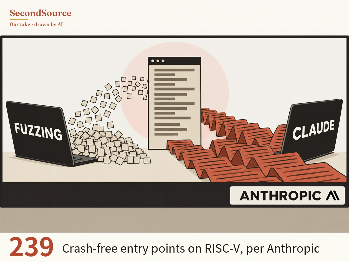 Concept illustration in a black frame: on the left, a dark laptop with its lid lettered FUZZING sits beside a heap of small beige squares that arc up to a tall cream window panel in the centre, with three dots on its top bar and grey text lines, set against a pale pink circle. From the panel's base, red zigzag-folded strips printed with dark lines run across the table to a dark laptop on the right lettered CLAUDE, and a light plate at the bottom right reads ANTHROPIC, followed by a small mark.