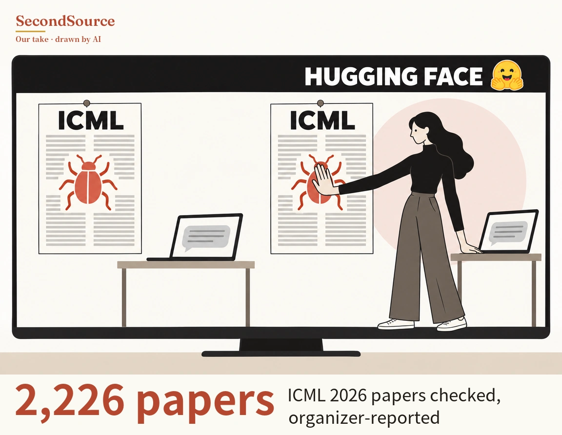Concept illustration: a large monitor whose black top bar is lettered HUGGING FACE next to a yellow smiling face with open hands shows two pinned sheets lettered ICML, each covered in lines of text with a red bug drawn in the middle, and in front of each sheet a table holding an open laptop whose screen shows a speech bubble. On the right, a person with long dark hair in a black top, wide brown trousers and white sneakers stands before a pale pink circle with their feet extending past the screen's bottom edge, pressing a raised palm against the bug on the right sheet while resting the other hand on the nearby laptop.
