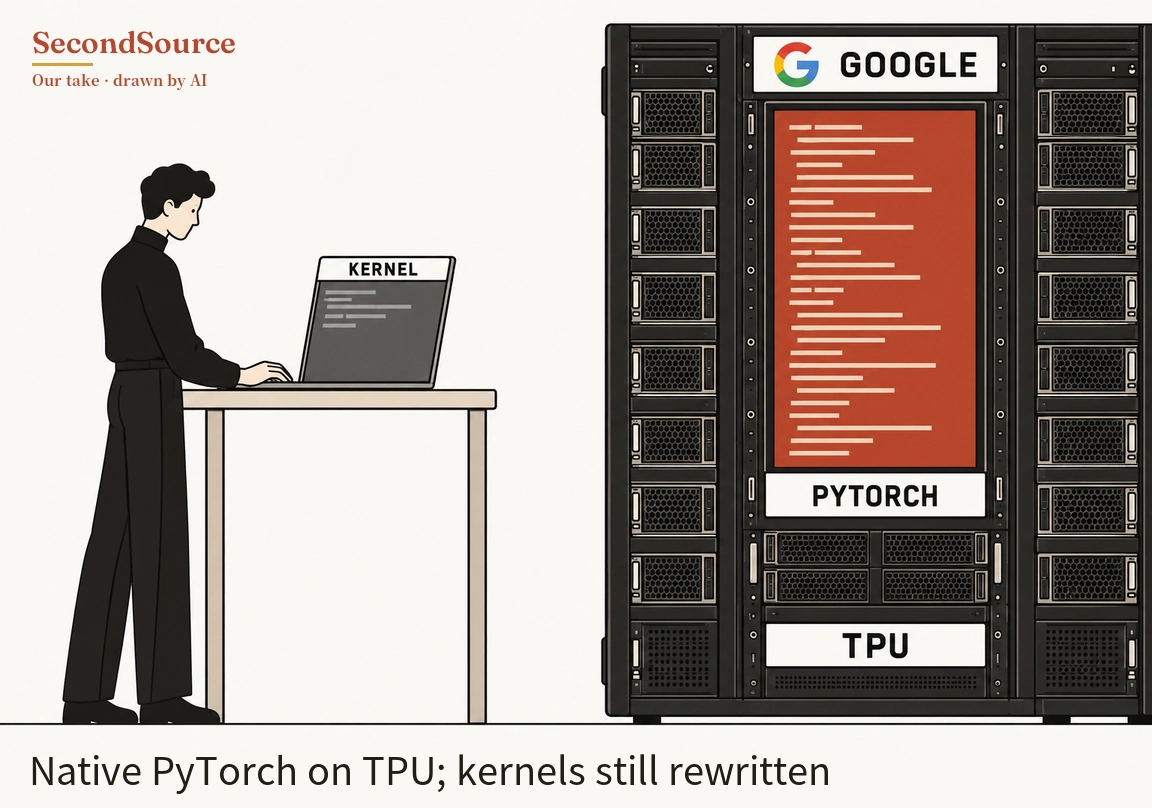 Concept illustration: on the left, a person in black clothes stands at a beige table typing on a laptop, with a white plate reading KERNEL above its dark screen, which shows a few short pale lines. On the right stands a tall black server rack with a column of server units down each side; down its centre are a white plate with a multicoloured G logo and the word GOOGLE, a large red panel covered in rows of pale lines, a plate reading PYTORCH, a few more units, and a plate reading TPU.