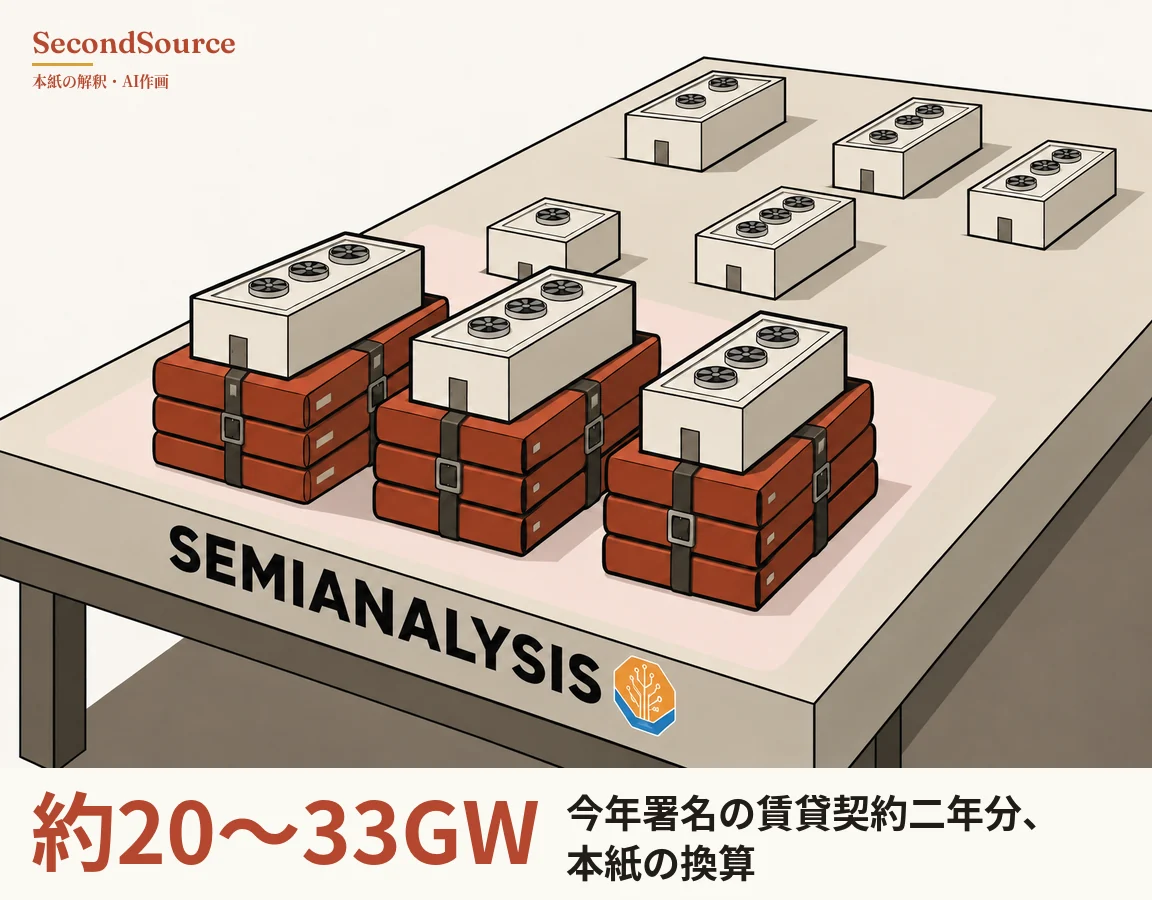 コンセプトイラスト：薄いグレーの大きな机の天板の手前寄りに SEMIANALYSIS の文字と、回路のような線が入ったオレンジと青の八角形のエンブレムがある。手前の淡いピンクの区画には、レンガ色の分厚いバインダーを3冊ずつ重ねて濃い色のベルトと金属のバックルで束ねた山が三つ並び、それぞれの上に屋根に丸いファン、正面に小さな扉がある白い箱型の建物が載っていて、奥には同じ建物がさらに五つ机に直接置かれている。
