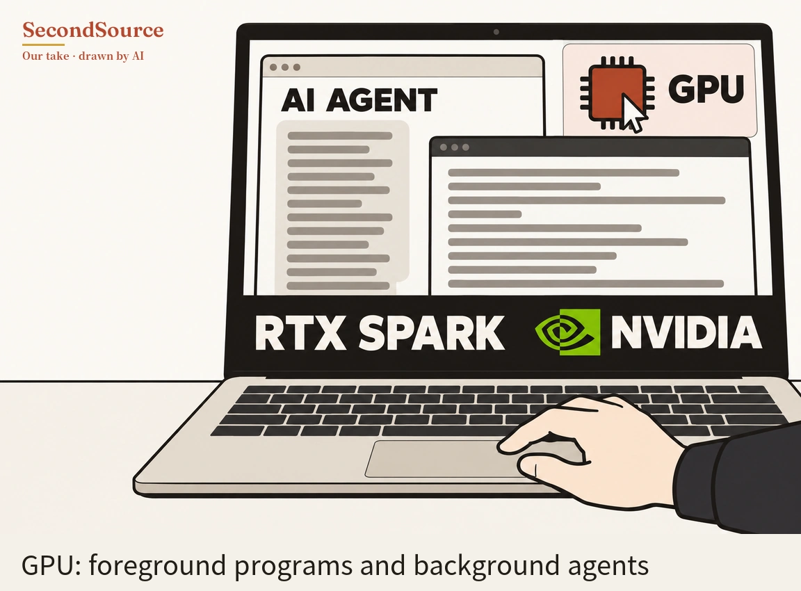 Concept illustration of an open laptop on a desk: on its screen, a window headed "AI AGENT" filled with grey text lines is partly covered by a second window of grey text lines in front of it, and a panel at top right shows a red chip icon with a mouse pointer on it beside the word "GPU". The black strip below the screen is lettered "RTX SPARK" and "NVIDIA" with a green emblem between them, and a hand in a dark sleeve reaches in from the right to rest on the touchpad.