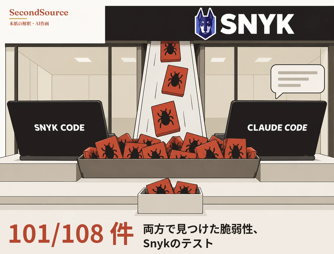 コンセプトイラスト:「SNYK」の文字と犬の頭の盾形マークがある黒い横断幕から白いシュートが下へ伸び、黒い虫の絵が描かれた赤いカードがシュートを滑って、同じカードが山積みになった濃い灰色の長いトレイに入っていき、トレイの手前の一段低い台にはそのカードが2枚入った白い小箱がある。トレイの左右には「SNYK CODE」と書かれた黒いノートパソコンと「CLAUDE CODE」と書かれた黒いノートパソコンがあり、右のパソコンの上には灰色の線が入った吹き出しが浮かび、背景はガラス張りの部屋になっている。