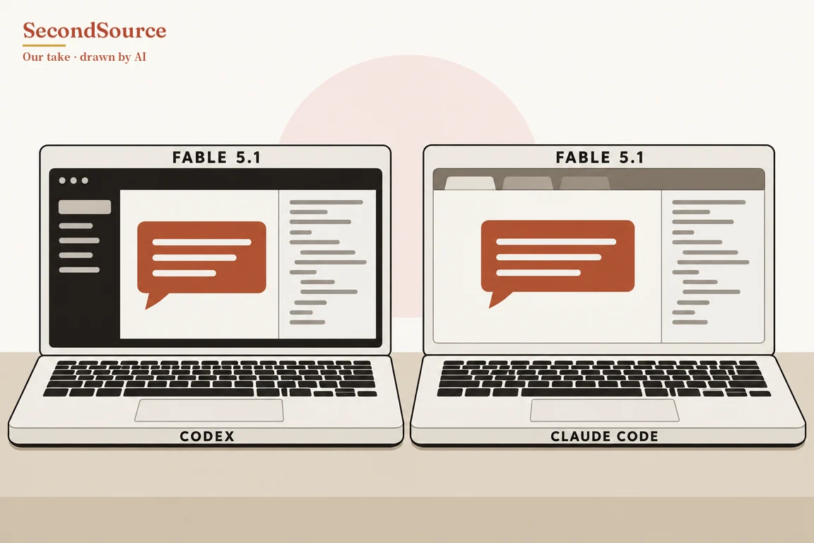 Concept illustration of two open laptops side by side on a beige tabletop in front of a large pale pink circle; each screen's top bezel is lettered "FABLE 5.1", and each screen shows a brick-orange speech bubble holding three white lines in the centre, with a right-hand column of grey horizontal lines. The left laptop's window has a dark frame with three small dots at the top left and a dark sidebar, and its base is lettered "CODEX"; the right laptop's window has a grey top bar with three tabs, and its base is lettered "CLAUDE CODE".