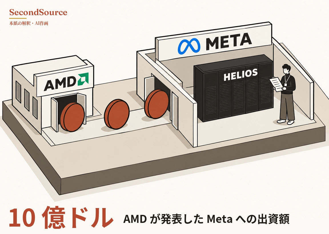 コンセプトイラスト：立体的な台の上で、左側には「AMD」の文字と緑の角ばったマークの看板を掲げた小さな建物があり、両開きの扉が開いている。床には3枚のれんが色の円盤が一列に並び、右側にある大きな壁囲いの開いた出入口へと続いている。右側の看板には青いループ状の記号と「META」の文字があり、囲いの中には「HELIOS」と書かれた、穴あきパネルの並ぶ背の高い黒いキャビネットが立ち、その横でストラップを首に掛けた人物が紙を手にしている。