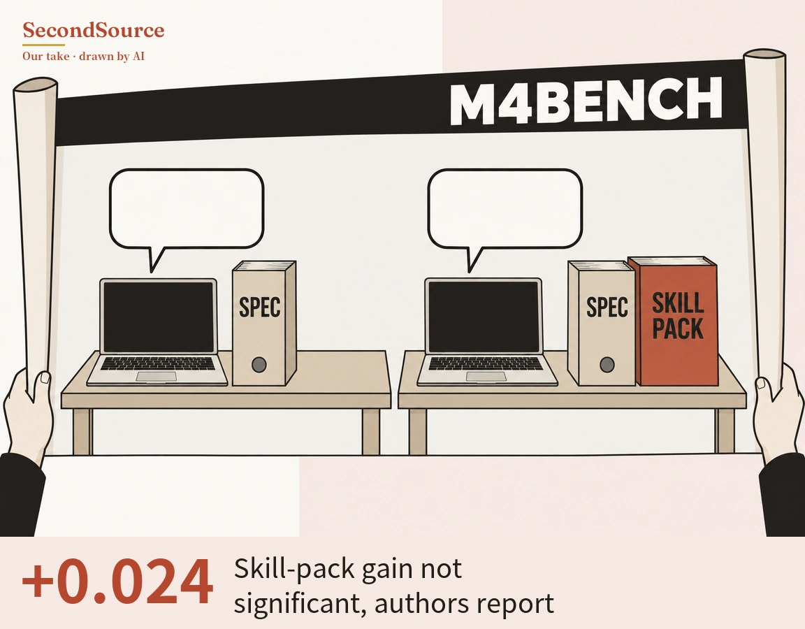 Concept illustration: two hands hold open a scroll with rolled ends, its black top band lettered M4BENCH; on it, two tables stand side by side, each with an open laptop with a dark screen and an empty speech bubble above it. On the left table a beige box lettered SPEC stands beside the laptop; on the right table the laptop is followed by a beige box lettered SPEC and a larger red box lettered SKILL PACK.
