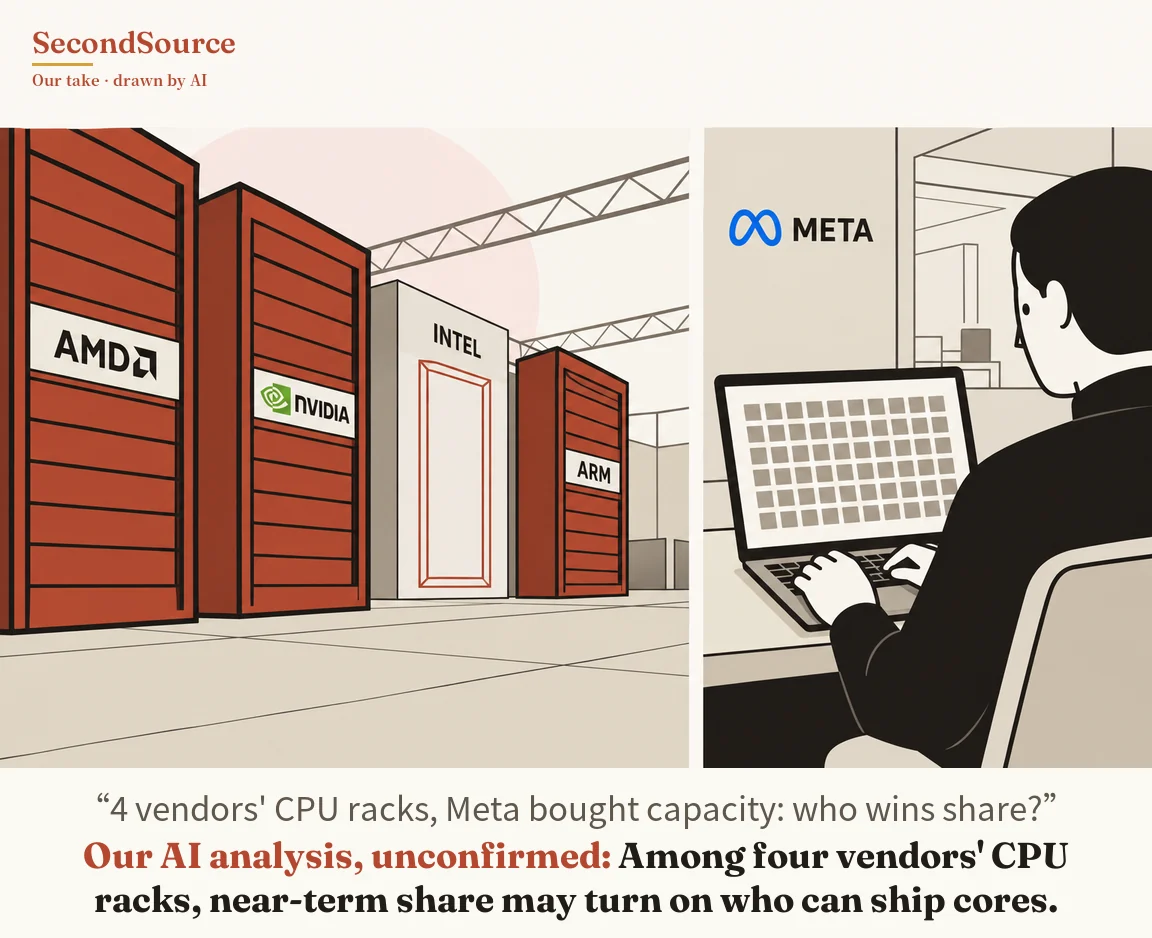 Concept illustration in two panels: on the left, a row of tall cabinets stands on a tiled floor under a ceiling truss in a large hall, three of them reddish-brown with horizontal slats and lettered AMD, NVIDIA and ARM, and one white, lettered INTEL, with a red-outlined front panel, with a pale pink circle behind them. On the right, a seated dark-haired person in black, seen from behind, types on a laptop whose screen shows a grid of grey squares, next to a wall lettered META beside a blue symbol.