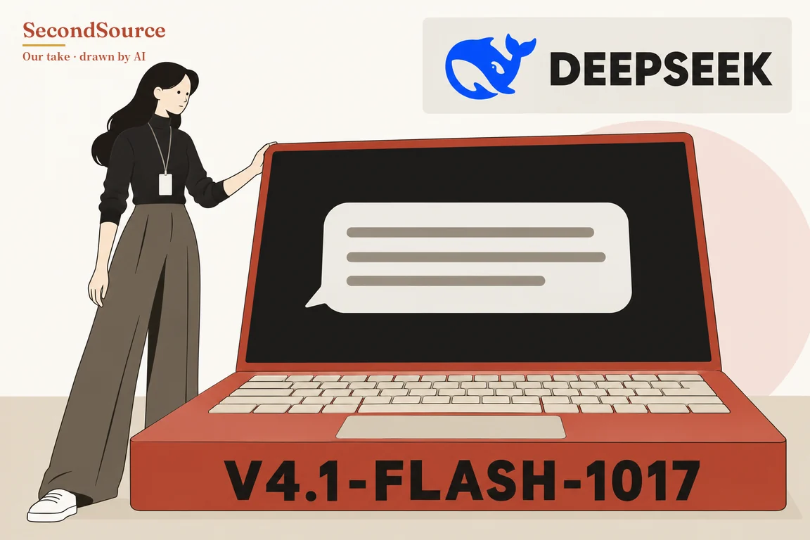 Concept illustration: on the left, a person with long dark hair, wearing a black turtleneck, a badge on a lanyard, wide grey-brown trousers and white shoes, rests one hand on the top edge of the screen of an oversized red laptop. The laptop's black screen shows a light grey speech bubble with three grey lines, and the front of its base below the cream keyboard is lettered "V4.1-FLASH-1017"; at top right a light grey panel shows a blue whale emblem and the lettering "DEEPSEEK", with a pale pink circle behind the laptop against a cream wall and floor.