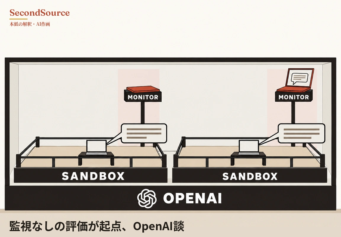 コンセプトイラスト:OPENAIと書かれ、文字の横に組紐状の記号がある台座の上に黒枠の長い展示ケースがあり、中には黒い柵で囲まれた砂色の床の台が二つ並び、それぞれの前面パネルにSANDBOXと書かれている。各台では黒い低いテーブルの上に小さなノートパソコンが置かれ、灰色の線が入った吹き出しがつながっている。各台の奥には淡いピンクの長方形を背に柱が立ち、MONITORと書かれた黒い看板の上に赤いノートパソコンが載っていて、左のものは閉じており、右のものは開いて画面に吹き出しが表示されている。