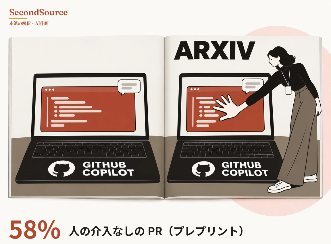コンセプトイラスト:開いた雑誌の見開きで、左ページには赤い画面のノートパソコンがあり、画面には短い横線が並ぶウィンドウと吹き出しが表示され、本体には GITHUB COPILOT の文字と丸いエンブレムがある。右ページには上部に大きく ARXIV の文字があり、その下の同じノートパソコンの横に、黒いウェーブヘアで黒いトップスにネックストラップの名札、幅広の茶色いズボンと白いスニーカー姿の人物が立って開いた手のひらを画面に当てており、見開きの右端の後ろには淡いピンクの円が見える。