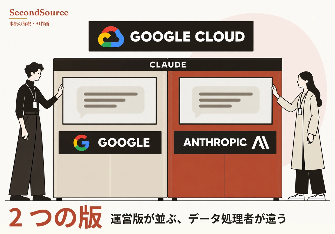 コンセプトイラスト:多色の雲のアイコンと GOOGLE CLOUD の文字が入った黒い看板の下に、二つ並びのキャビネットがあり、上部の共通の帯には CLAUDE と書かれている。左半分はベージュ、右半分はれんが色で、それぞれに灰色の線が入った吹き出しを映す画面があり、その下の黒いプレートには左に多色の丸いアイコンと GOOGLE、右に白い角ばったマークと ANTHROPIC と書かれ、さらに下は仕切りのある扉になっている。左側では巻き毛で黒い服を着て名札を首から下げた人物が左半分に手を添え、右側では長い髪で明るい色のロングコートを着て名札を下げた人物が右半分に手を添えており、背景には淡いピンクの円がある。