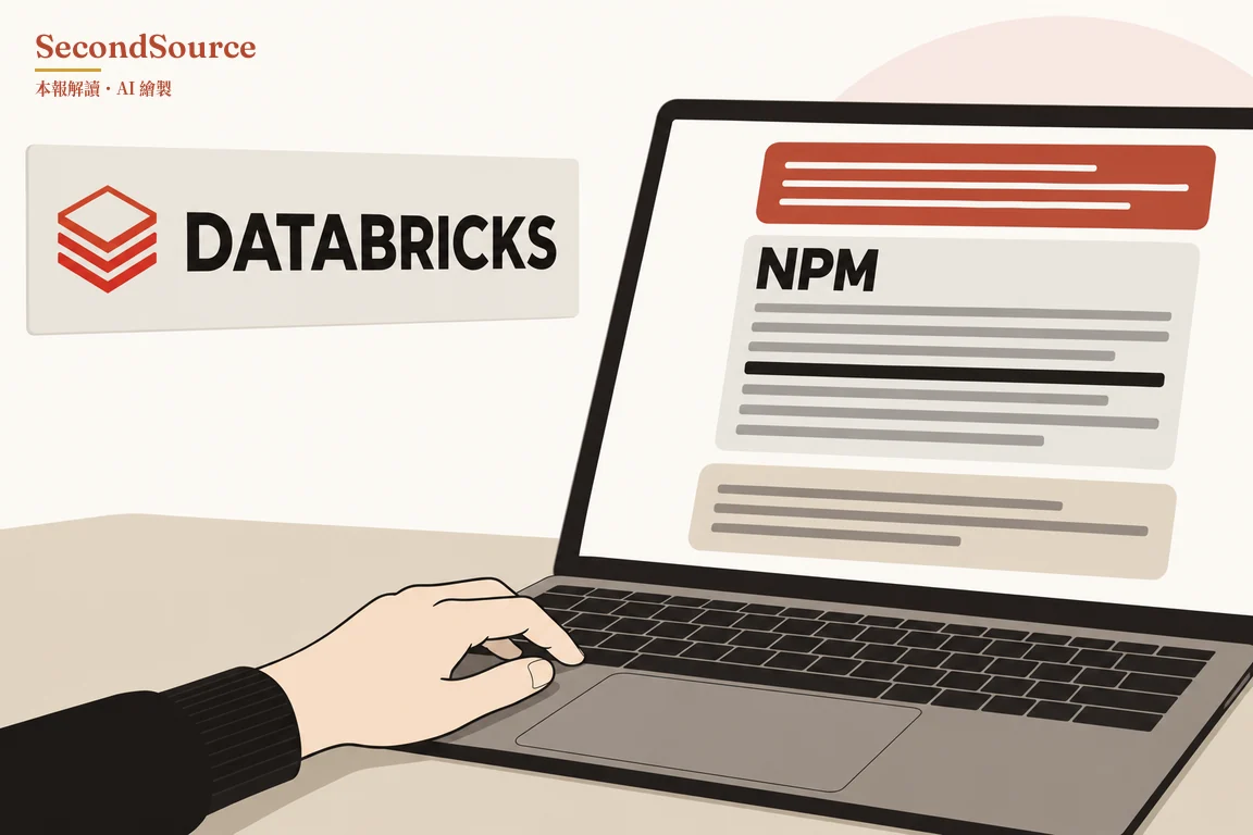 概念插圖:左上方一塊淺灰色招牌上,有紅色層疊圖示和「DATABRICKS」字樣;右側一台打開的筆電放在米色平面上,一隻穿黑色袖子的手從左下方伸過來,手指放在鍵盤上。螢幕由上而下是一條印著白線的紅色橫條、一個標題為「NPM」的灰色區塊(裡面有多條灰線和一條粗黑線)、以及一個排著灰線的米色區塊,筆電後方還有一個淡粉紅色圓形。