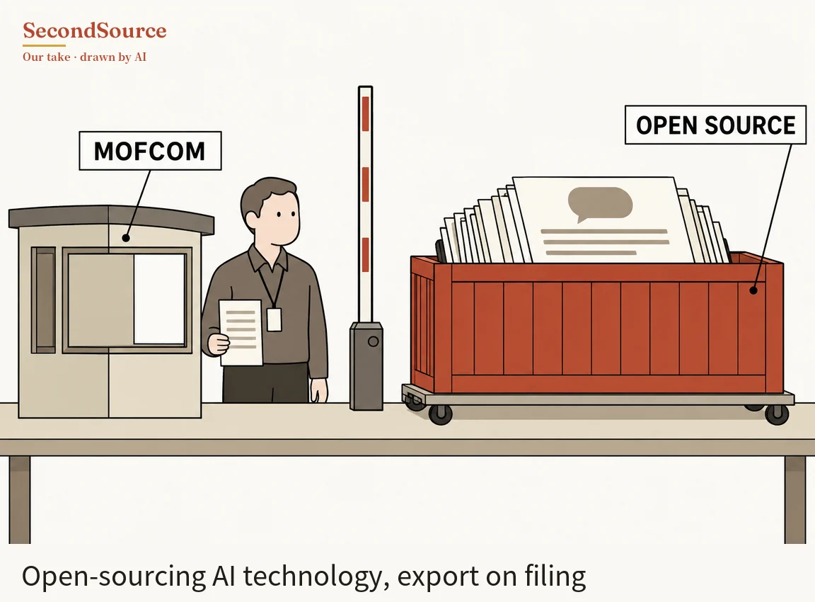 Concept illustration: on a long beige tabletop, a small beige booth with a brown roof and windows stands at left, with a boxed label reading MOFCOM pointing to it by a line, and beside it a person in a brown shirt with a lanyard badge holds a sheet of grey-lined paper next to an upright red-and-white striped barrier arm on a dark grey post. At right, a red slatted crate sits on a four-wheeled flat cart with many sheets of paper standing upright in it above its rim, the front sheet showing a speech bubble and lines, and a boxed label reading OPEN SOURCE points to the crate by a line.