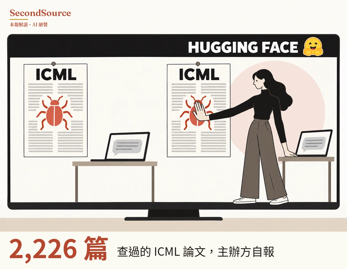 概念插圖：一台大螢幕頂端的黑色橫條寫著 HUGGING FACE，旁邊有一個張開雙手的黃色笑臉；螢幕裡有兩張釘起的紙，都寫著 ICML，佈滿文字線條，中央畫著一隻紅色蟲子，每張紙前各有一張桌子，上面放著一台打開的筆電，筆電螢幕上是對話框。右側一個長黑髮、穿黑色上衣、寬版棕色長褲和白色球鞋的人站在淡粉色圓形前，雙腳伸出螢幕下緣，一手掌心抵住右邊紙上的蟲子，另一手按在旁邊那台筆電上。