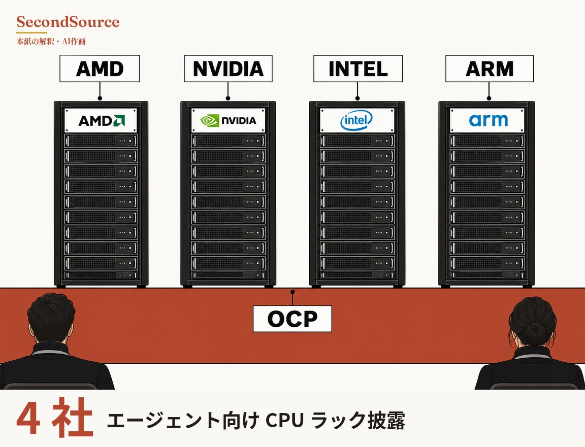 コンセプトイラスト:長いれんが色の台の上に、黒いサーバーラック4台が横一列に並んでいる。ラック上部のパネルにはそれぞれAMD、NVIDIA、intel、armと書かれ、各ラックは短い線で上の白い札(AMD、NVIDIA、INTEL、ARM)につながっており、台の中央にも短い線でOCPと書かれた白い札がつながっている。画面の左下と右下には、黒い服を着た黒髪の人物が1人ずつ後ろ姿で描かれ、ラックの方を向いている。