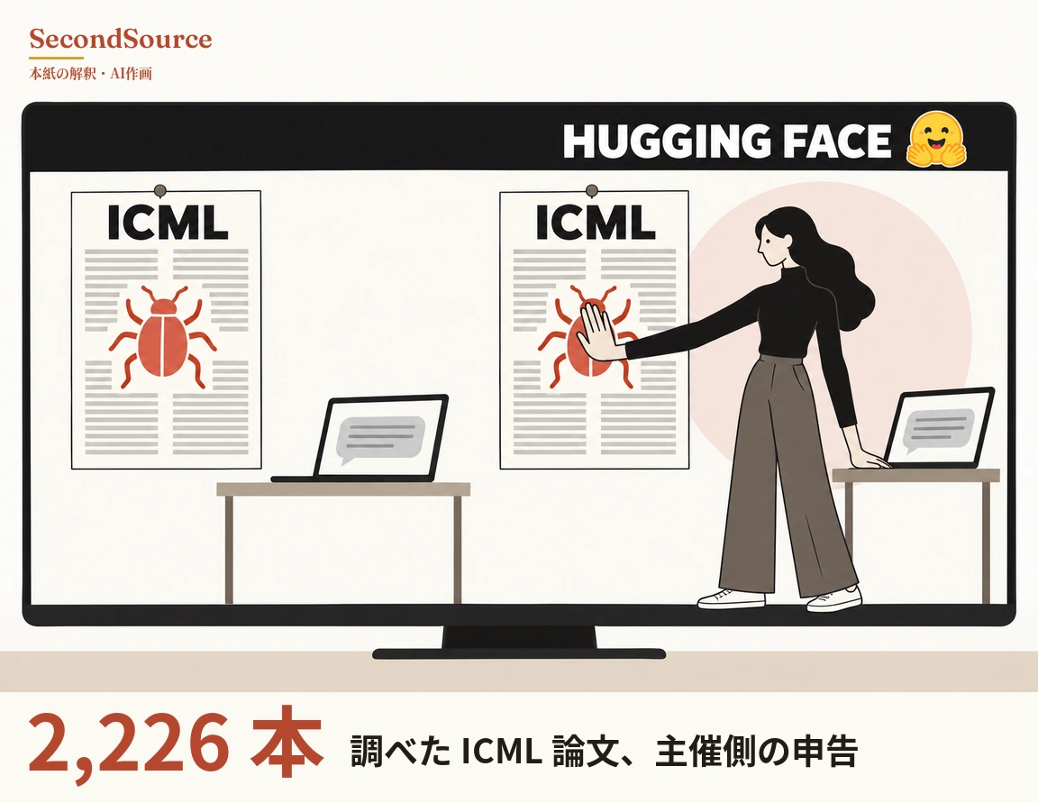 コンセプトイラスト：上部の黒い帯に HUGGING FACE の文字と両手を広げた黄色い笑顔が描かれた大きなモニターの中に、ICML と書かれ、文字の線が並び中央に赤い虫が描かれたピン留めの紙が2枚あり、それぞれの前の机には吹き出しを表示した開いたノートパソコンが置かれている。右側では、黒い長髪で黒いトップス、幅広の茶色のパンツ、白いスニーカーの人物が淡いピンクの円の前に立ち、足先を画面の下端からはみ出させながら、片手のひらを右の紙の虫に当て、もう片方の手をそばのノートパソコンに置いている。