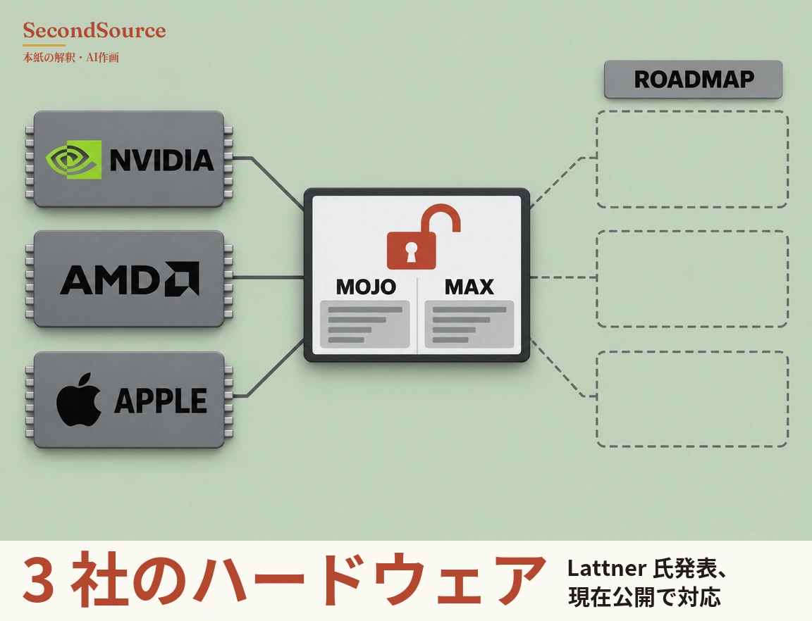 淡い緑の背景のコンセプトイラストで、左側に並ぶ NVIDIA、AMD、APPLE と書かれたマーク付きの灰色のチップ3枚が実線で中央の黒枠のパネルにつながり、パネルには開いた赤い南京錠と、MOJO と MAX と書かれた2つの列(それぞれ線の入った灰色の枠付き)が描かれている。右側には ROADMAP と書かれた灰色のプレートの下に空の点線の枠が3つ並び、それぞれ点線でパネルにつながっている。