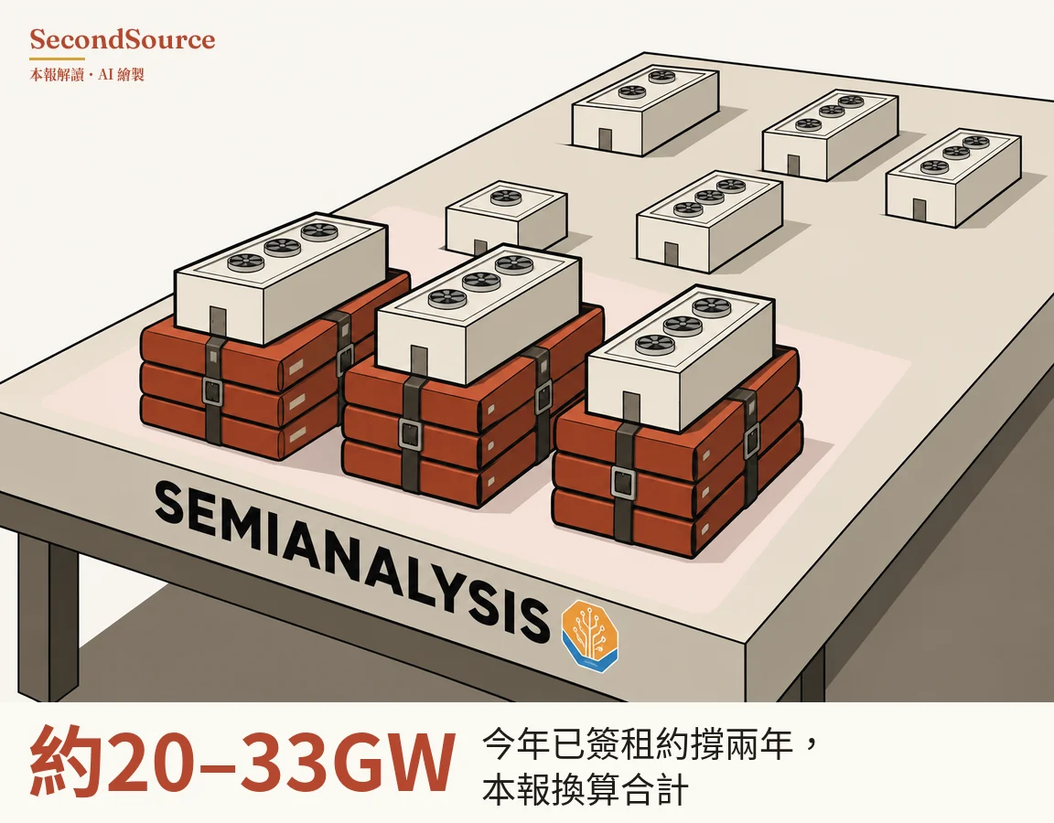 概念插圖:一張淺灰色大桌子,桌面前緣印著黑色大寫字 SEMIANALYSIS,字尾旁有一個帶電路狀線條的橘藍兩色八角形標誌。前方淺粉色區塊上有三疊磚紅色厚文件夾,每疊三本,以深色綁帶和金屬扣環捆住,每疊上面放著一棟屋頂有圓形風扇、正面有一扇小門的白色方盒狀建築;後方另有五棟同樣的建築直接立在桌面上。