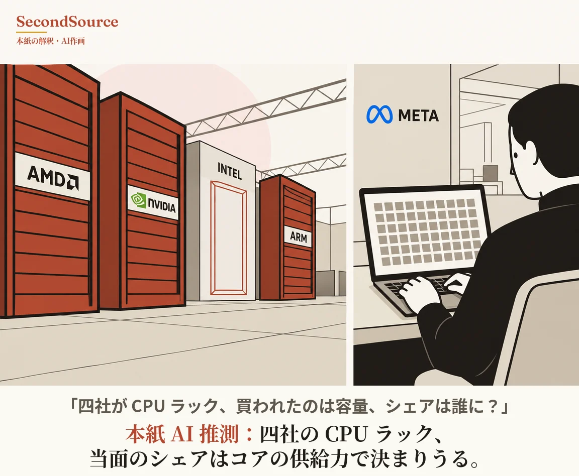 2コマ構成のコンセプトイラスト。左側には広いホールの天井トラスの下、タイル張りの床に背の高いキャビネットが並び、横板張りの赤褐色の3台に AMD、NVIDIA、ARM、白い1台に INTEL の文字があり、白いキャビネットの正面には赤い枠線が描かれ、キャビネットの背後には淡いピンクの円がある。右側では、黒髪で黒い服の人物が座って後ろ姿を見せ、灰色の四角が格子状に並ぶ画面のノートパソコンで入力しており、横の壁には青い記号と META の文字がある。
