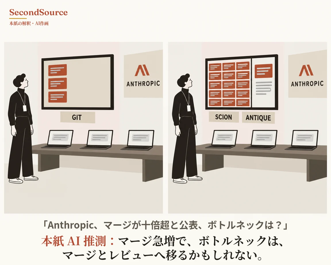 左右2コマを並べたコンセプトイラスト。各コマでは、黒い服を着て名札を首から下げた人物が左側に立って壁の大きな画面を見上げ、右側の壁には図形の下に「ANTHROPIC」と書かれた看板があり、手前の長い机には灰色の線が映った画面のノートパソコンが3台置かれている。左のコマの画面には赤いブロックが3つあり、その下に「GIT」と書かれたラベルがある。右のコマの画面は二つに分かれ、片側は赤いブロックが並ぶ大きな格子、もう片側は赤いブロック1つと灰色の線で、その下に「SCION」「ANTIQUE」と書かれたラベルが2枚ある。