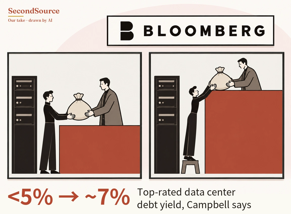 Concept illustration with a sign lettered BLOOMBERG above two side-by-side panels; in the left panel, a person in black standing beside a server rack and a person in a brown jacket behind a waist-high red counter both hold a tied cloth sack across the counter. In the right panel, the same rack stands at left while the person in black stands on a small stool, reaching up to hold the sack together with the person behind a much taller red counter.