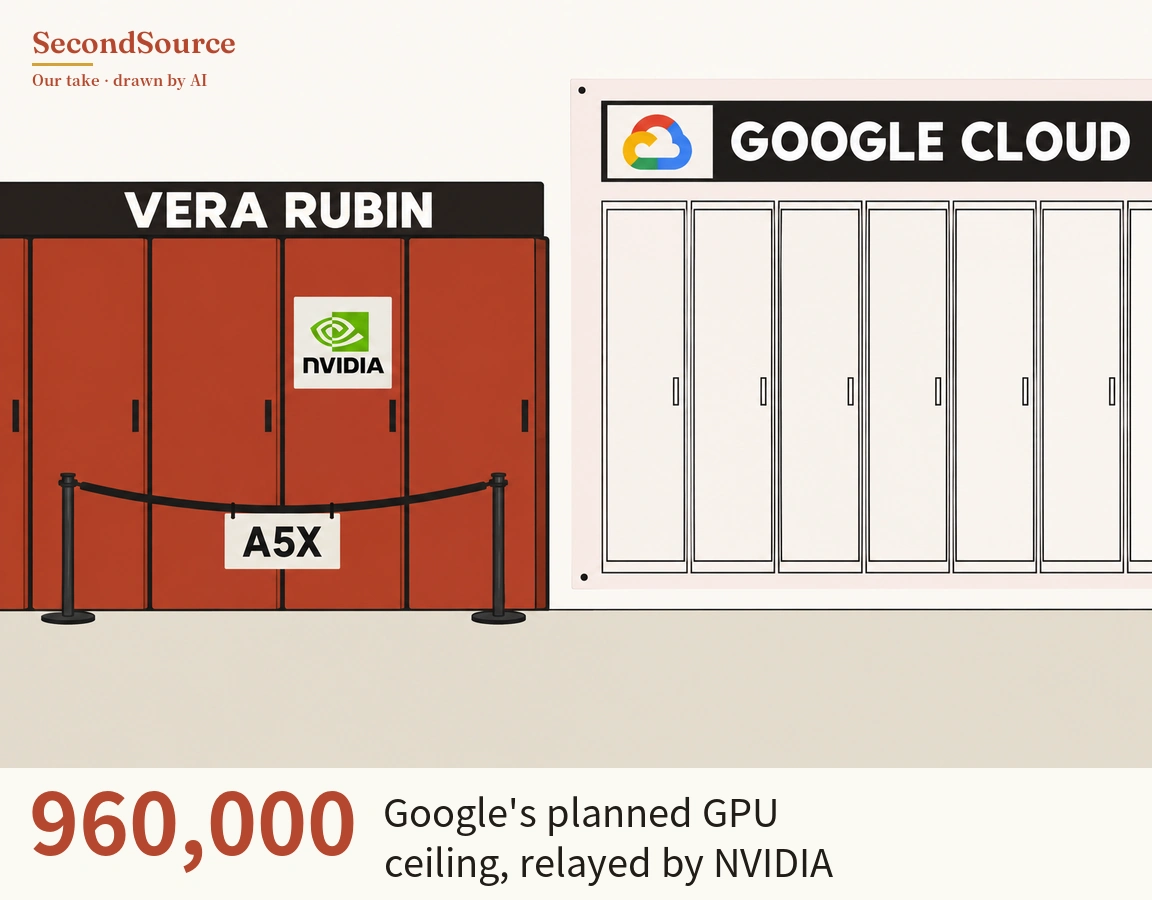 Concept illustration: on the left, a row of brick-red cabinets stands under a black header lettered VERA RUBIN, and one door carries a white plate with a green emblem and the lettering NVIDIA; in front, a sagging rope between two black posts holds a sign lettered A5X. On the right, a large pale board with a dot at each corner has a black header lettered GOOGLE CLOUD beside a multicoloured cloud emblem, and under it a row of white, outline-drawn cabinet doors with small handles runs off the right edge.
