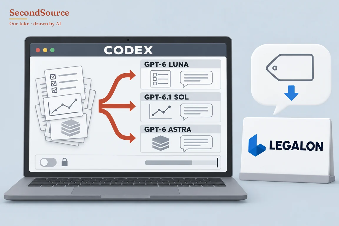 Concept illustration: on the left, a laptop screen shows a window titled CODEX, where a fanned stack of cards showing a checklist, a line chart and a layered-stack icon sends three red arrows to three panels labelled GPT-6 LUNA, GPT-6.1 SOL and GPT-6 ASTRA, each holding a matching icon and a speech bubble of grey lines, with a toggle switch, a padlock and a partly filled bar along the bottom of the window. On the right, a speech bubble containing a tag outline and a blue down arrow sits above a white desk sign lettered LEGALON next to a blue geometric mark.
