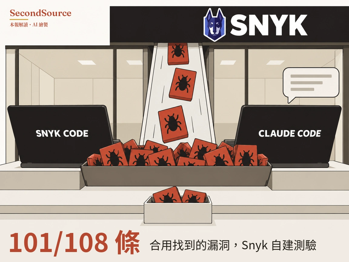概念插圖：一道白色滑槽從印有「SNYK」字樣、旁有狗頭盾形圖案的黑色橫幅向下延伸，畫有黑色蟲子圖案的紅色卡片沿滑槽滑進一個堆滿同樣卡片的深灰色長托盤，托盤前方較低的台階上另有一個白色小盒，裝著兩張這種卡片。托盤左右各有一台黑色筆電，左邊印著「SNYK CODE」，右邊印著「CLAUDE CODE」，右邊筆電上方有一個畫著灰色線條的對話框，背景是玻璃隔間的室內。