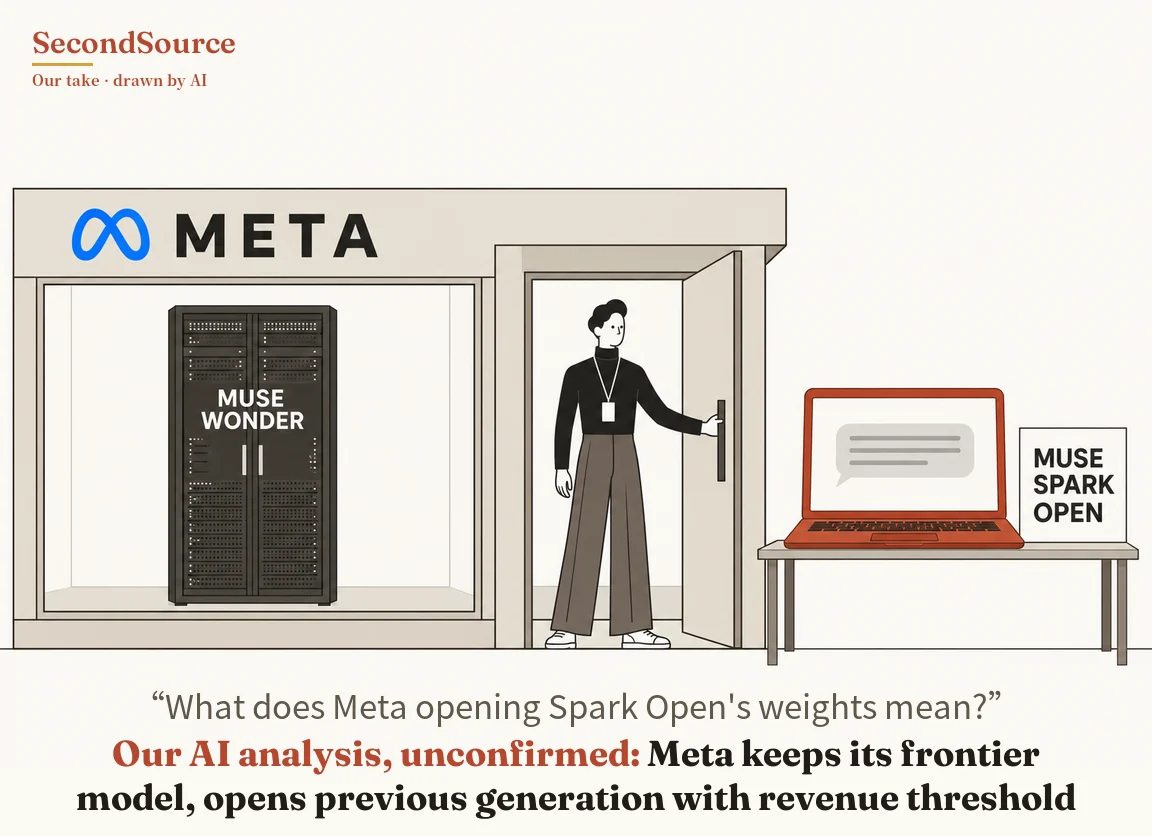 Concept illustration: a pale grey building lettered META, with a blue looped symbol beside the lettering, has a large window on the left in which stands a tall dark double-door server cabinet lettered MUSE WONDER. In the open doorway on the right, a person in a black turtleneck, wide grey-brown trousers and an ID badge on a lanyard holds the door handle, and outside to the right a table holds an orange-red laptop whose screen shows a grey speech bubble, next to a white sign reading MUSE SPARK OPEN.
